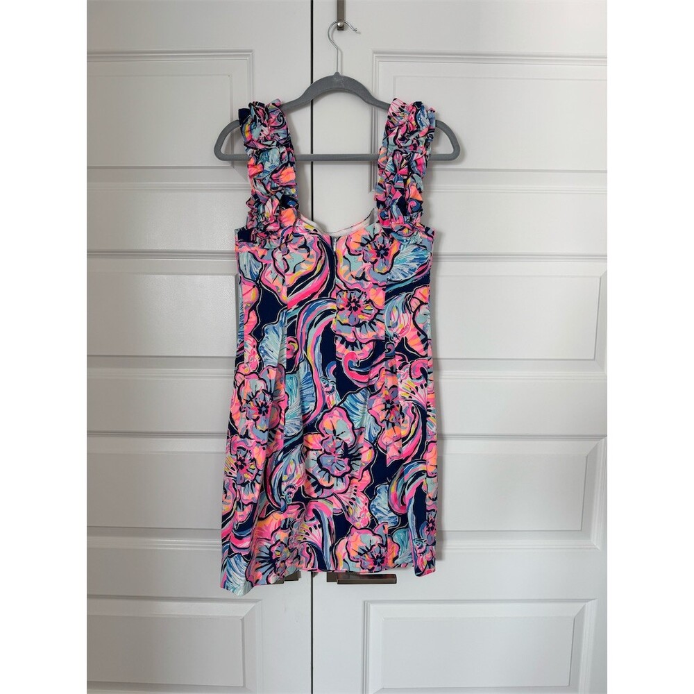 Lilly Pulitzer Devina Dress Womens Size 4 Pink Blue Floral Ruffle Knee Length - Picture 3 of 10